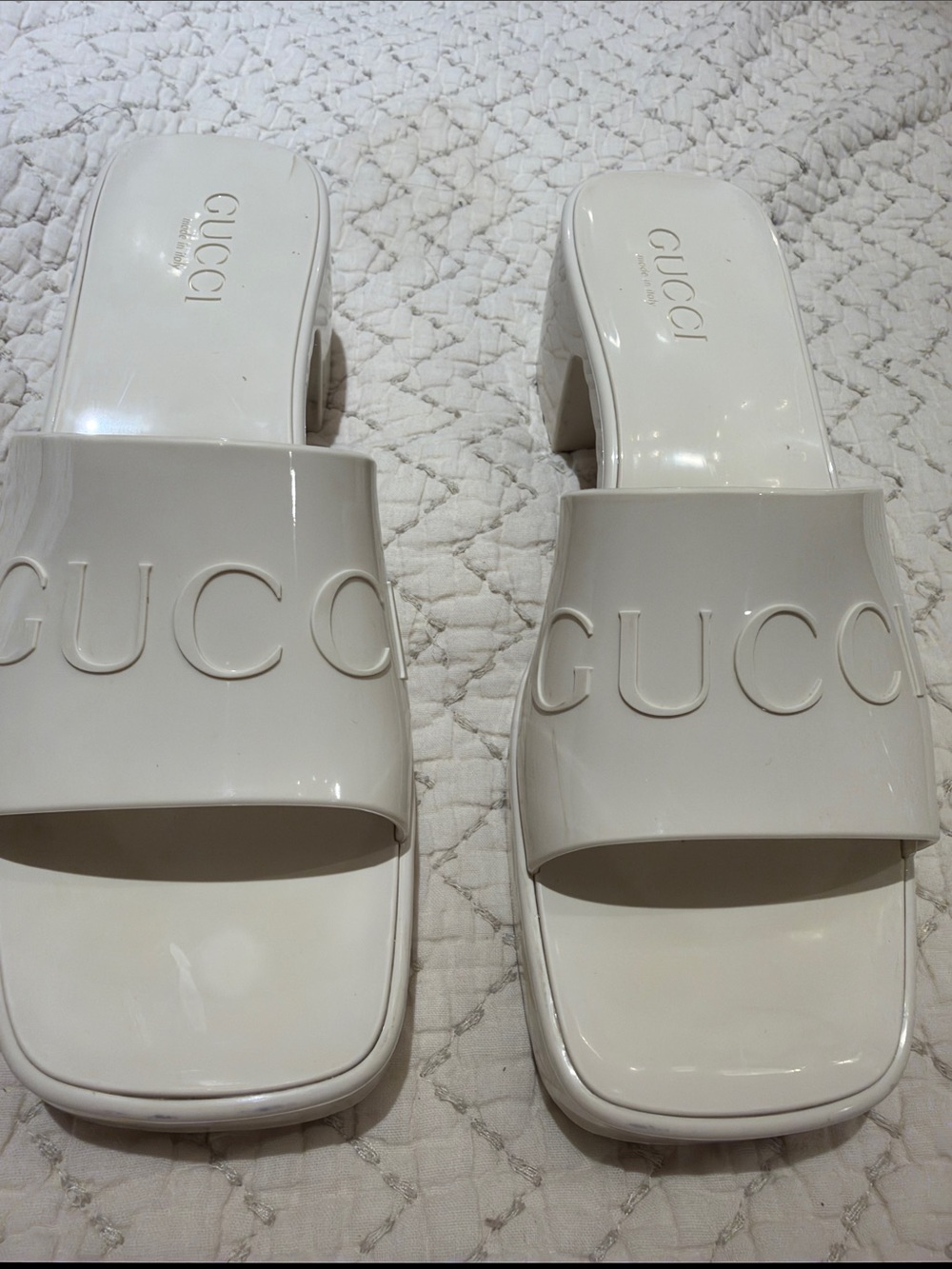 Gucci Rubber Logo Platform Slide Sandals in White